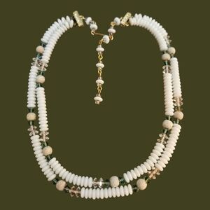 Vintage Mid-century White Milk Glass Disc Beaded Layered Necklace